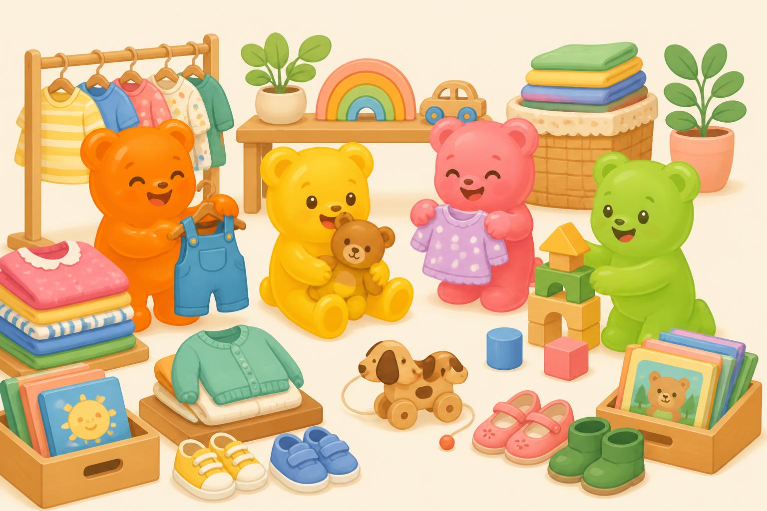 Gummibärchen mit Kinderkleidern, Spielzeug und Büchern